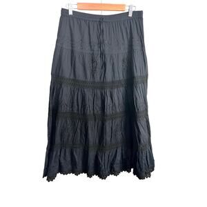 Black Cotton Skirt Lace Embroidered Midi Boho Festival Sz Petite Medium Goth Y2K